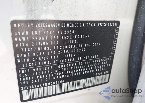 2022 Volkswagen Tiguan 2.0T S из США, поврежденный, VIN 3VV1B7AX7NM086660